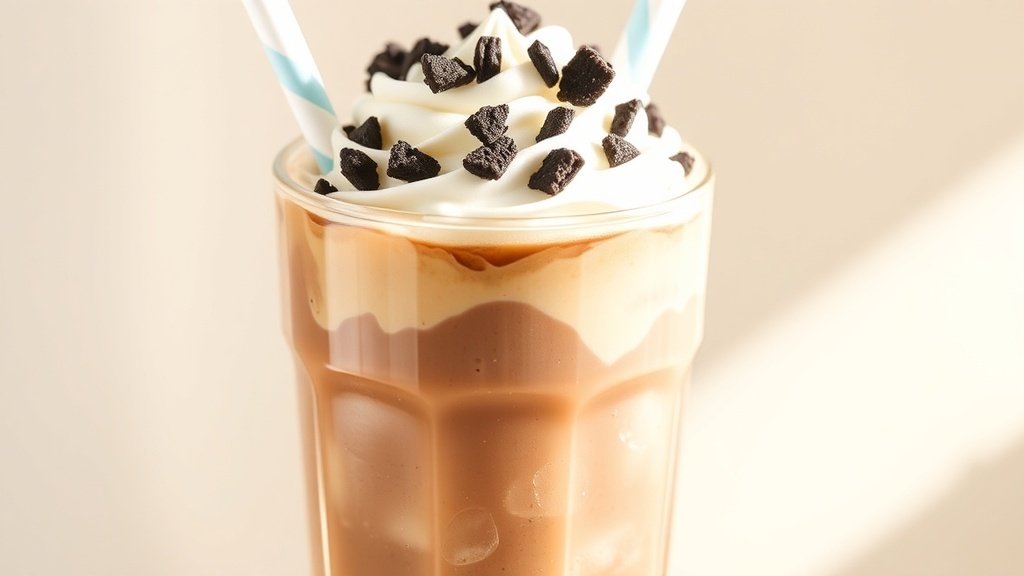 Cookies and Cream Mocha Iced Coffee in a tall glass with whipped cream and cookie crumbs on top.