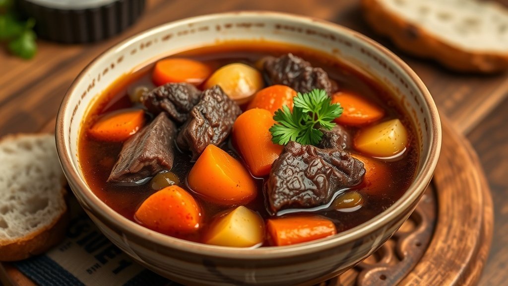 A hearty bowl of venison and red wine stew soup with carrots and potatoes, garnished with parsley, on a rustic wooden table with bread.