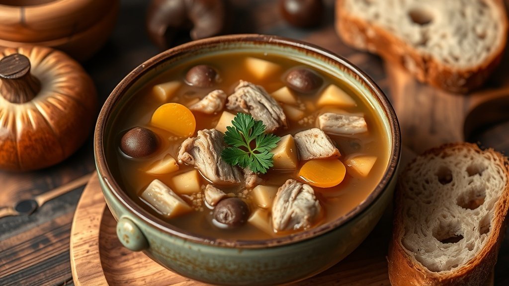 A bowl of rustic roast duck and chestnut soup garnished with parsley, served with crusty bread in a cozy kitchen.