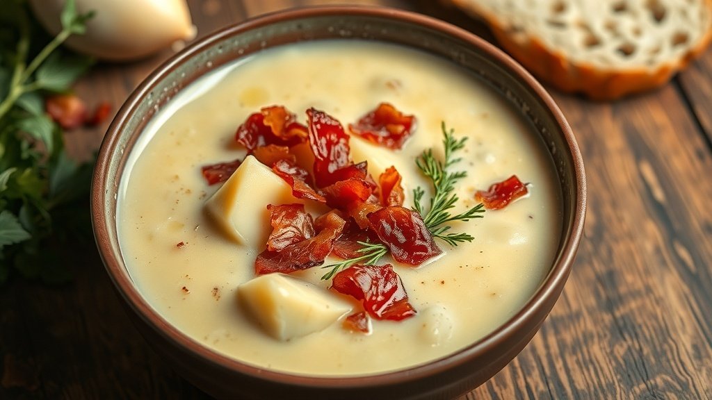 Creamy potato, leek, and bacon soup in a bowl, garnished with bacon and herbs, on a rustic table with bread.
