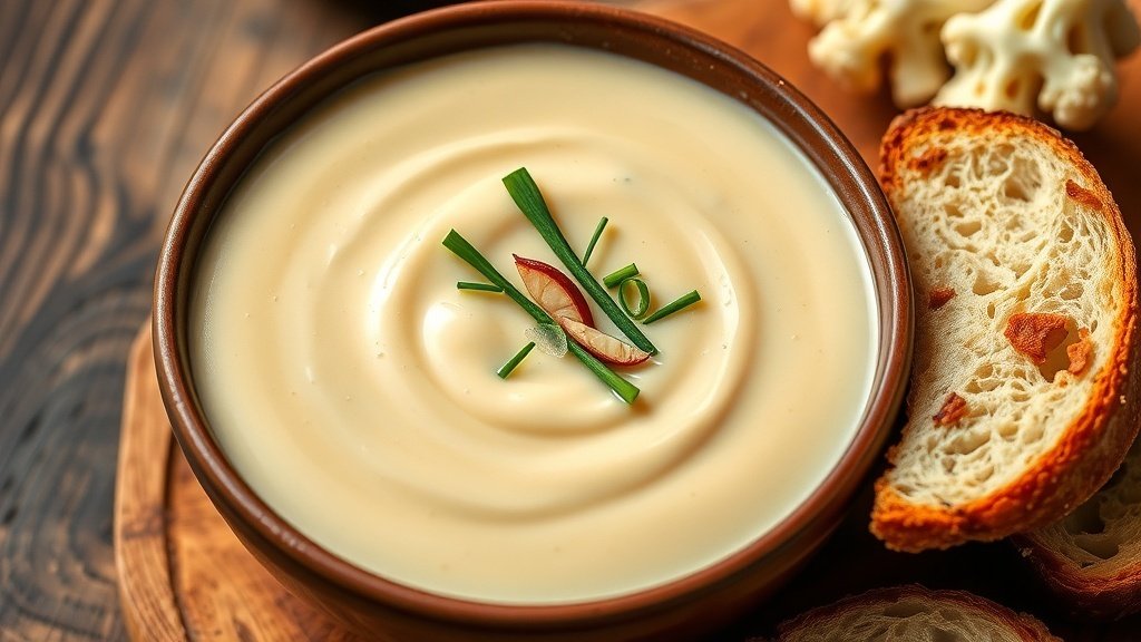 Creamy roasted cauliflower and garlic soup in a bowl, garnished with chives, with crusty bread on a rustic table.