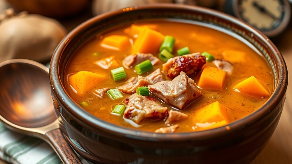 A bowl of Smoky Ham and Sweet Potato Soup with sweet potatoes and ham in broth, garnished with green onions.