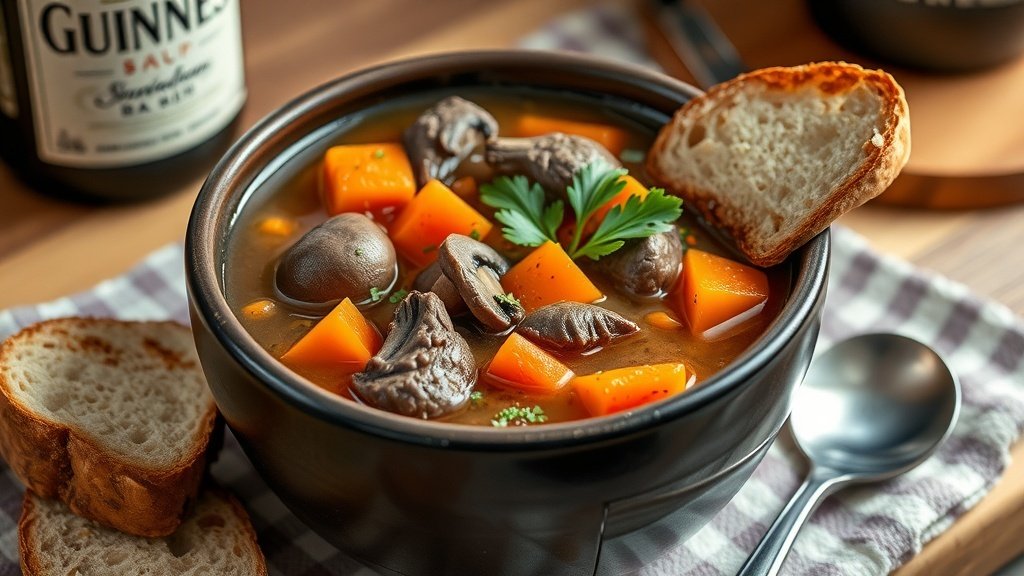 A hearty bowl of beef and Guinness mushroom soup with beef chunks, mushrooms, and carrots, garnished with parsley, on a rustic table with bread.