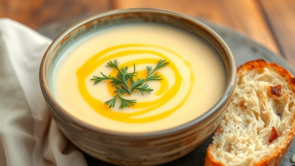 A bowl of creamy roasted fennel and potato soup garnished with fennel fronds, served with crusty bread.