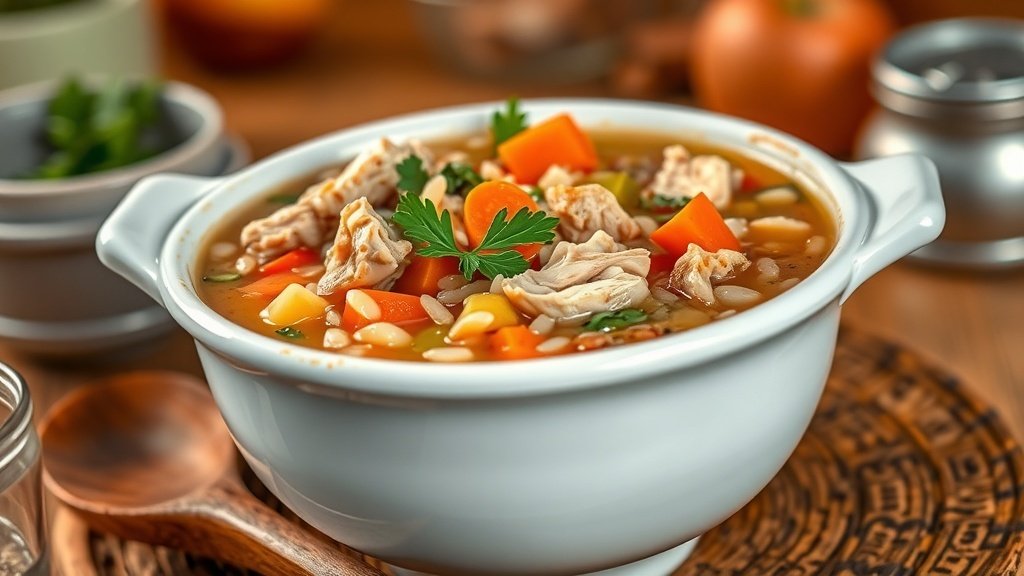 A bowl of Apple Cider Chicken and Wild Rice Soup with chicken, wild rice, and vegetables, garnished with parsley in a cozy kitchen.