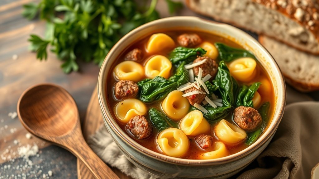 A bowl of Rustic Sausage and Kale Tortellini Soup with tortellini, kale, and sausage in broth, garnished with Parmesan cheese.