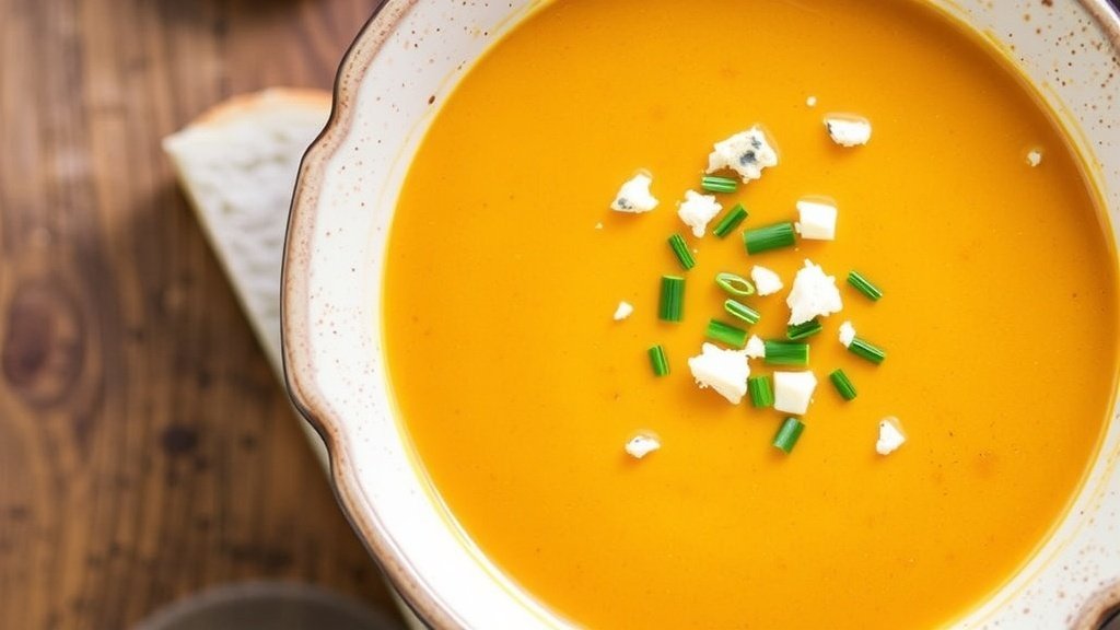 A bowl of creamy butternut squash soup with blue cheese, garnished with chives, on a rustic wooden table with bread.