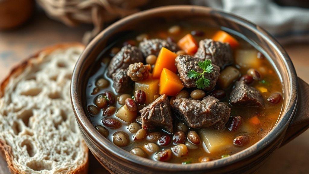 A rustic bowl of venison and lentil soup with vegetables and parsley, accompanied by crusty bread.