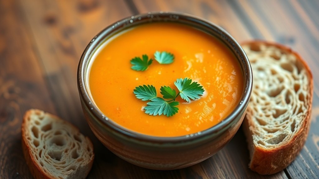 A bowl of spiced carrot, parsnip, and orange soup garnished with parsley, served with crusty bread.