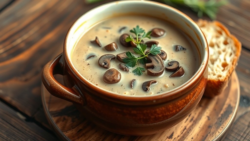 Creamy wild mushroom and tarragon soup in a bowl with tarragon garnish, served with bread on a wooden table.