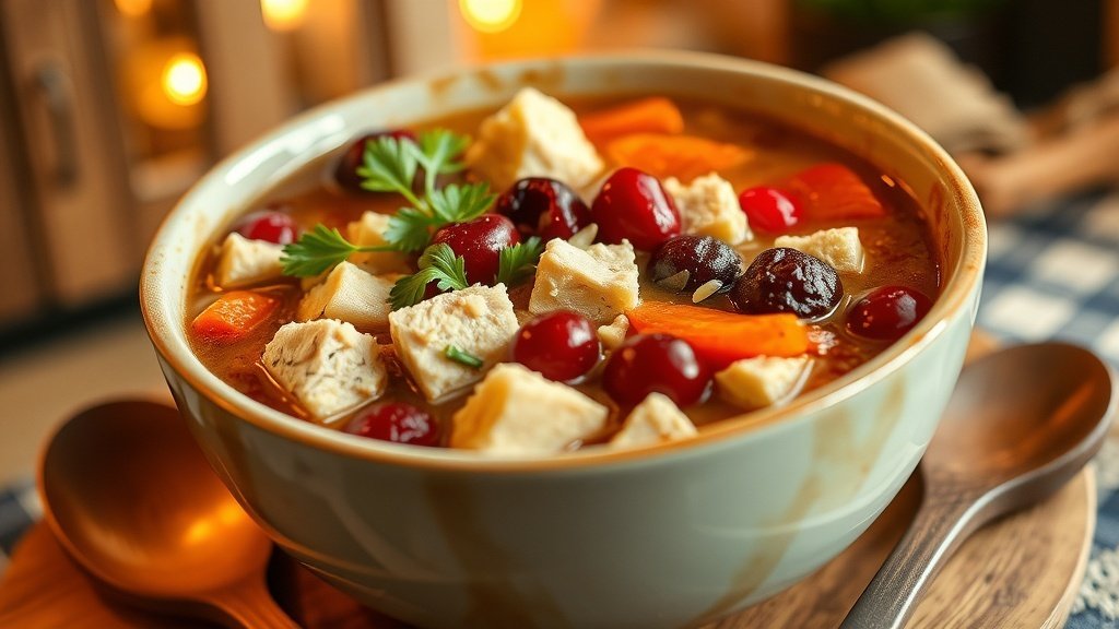 A bowl of turkey and cranberry stuffing soup with vegetables, garnished with parsley, in a cozy kitchen setting.