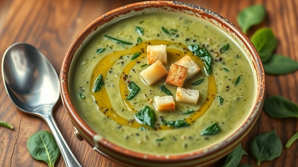 A bowl of creamy roasted garlic and spinach soup garnished with croutons and olive oil on a wooden table.