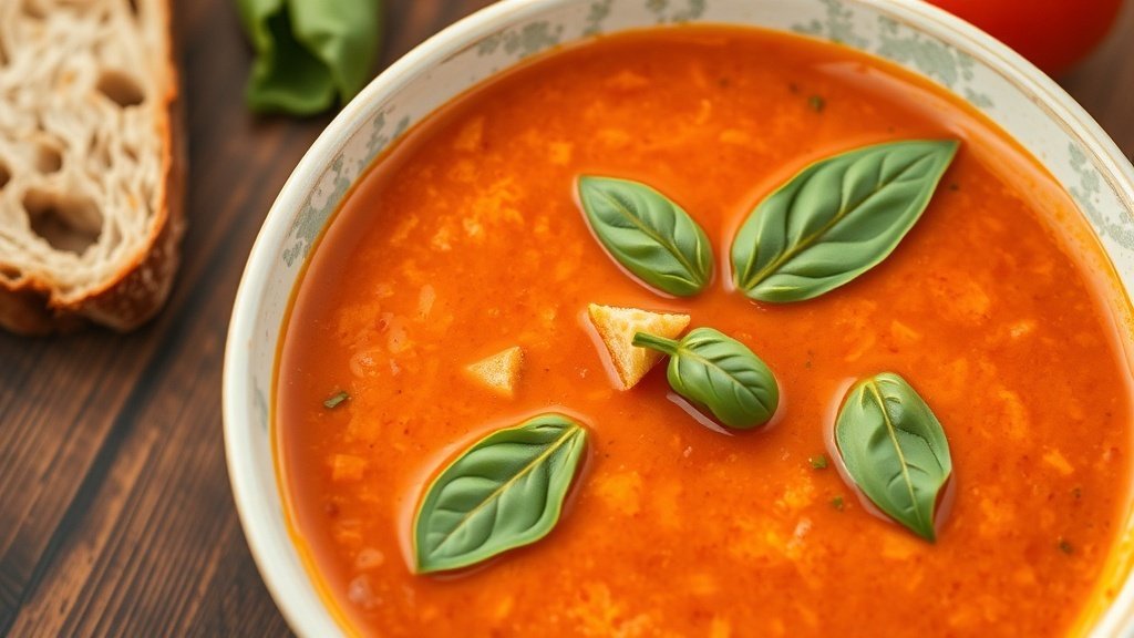 A bowl of creamy tomato basil soup garnished with basil and croutons on a wooden table with bread.