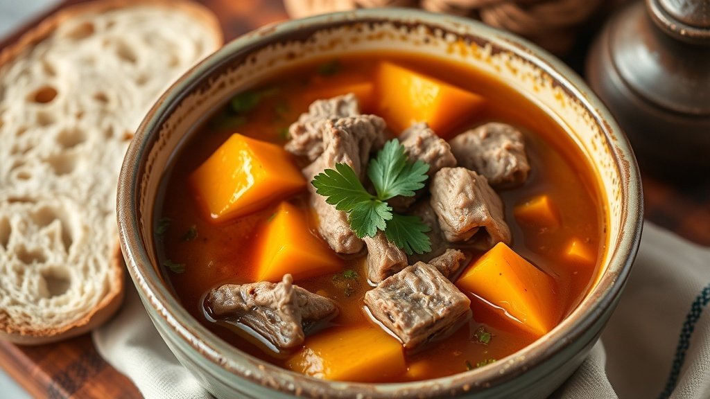 A rustic bowl of pork and pumpkin stew soup with parsley garnish and crusty bread on a wooden table.