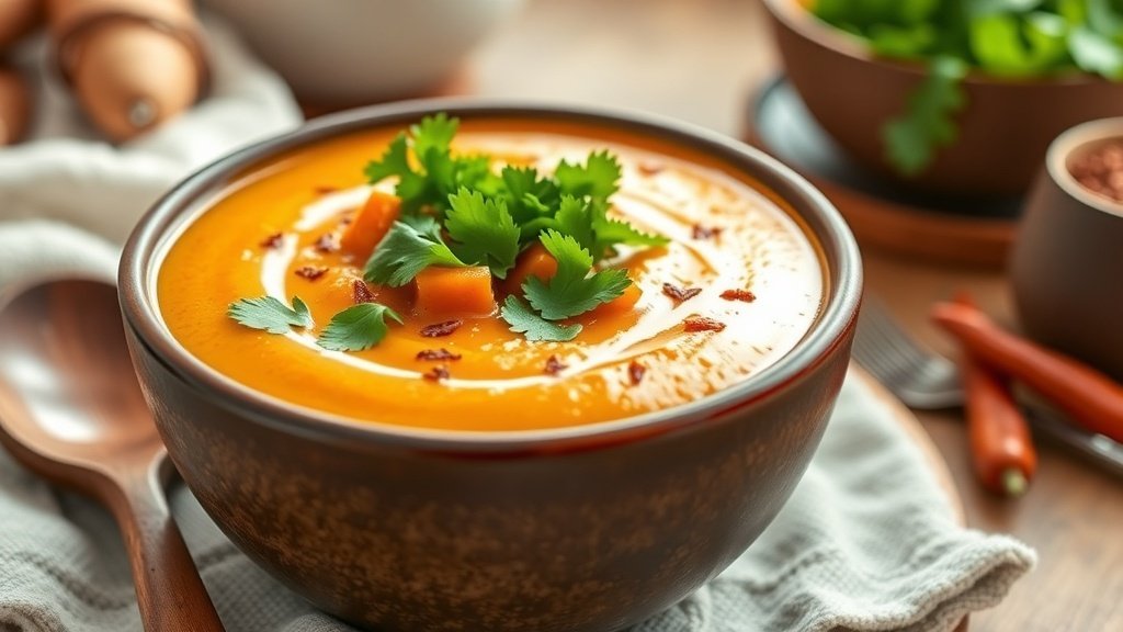A bowl of spiced sweet potato and coconut soup garnished with cilantro and chili flakes, in a cozy kitchen setting.