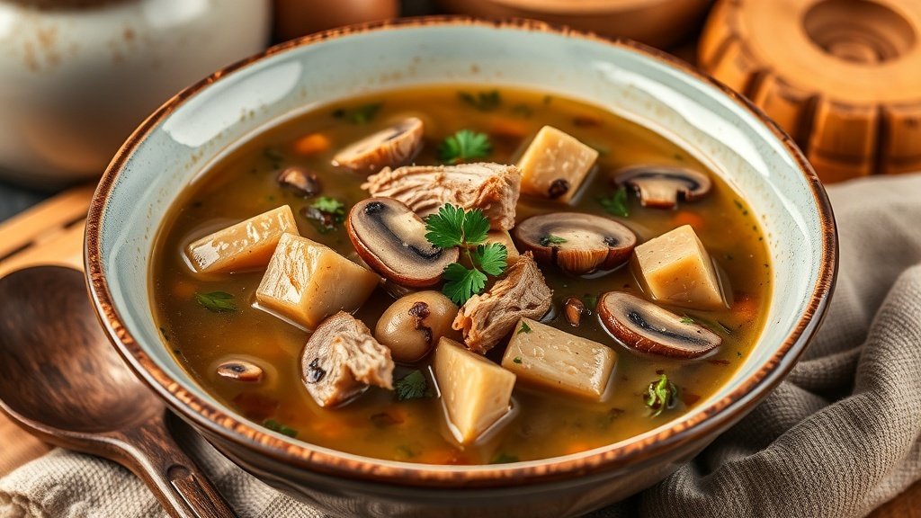 A bowl of rustic duck and wild mushroom soup with garnished parsley, served with a wooden spoon in a cozy kitchen.