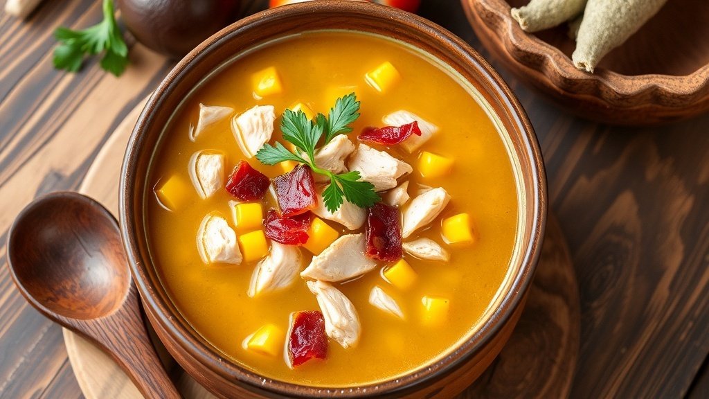 A hearty bowl of chicken, bacon, and corn soup with parsley garnish on a rustic table.