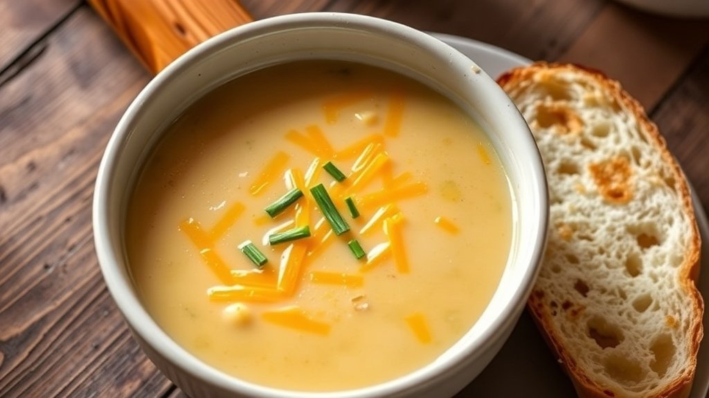 A bowl of creamy potato, cheddar, and ale soup garnished with chives, served with crusty bread on a rustic table.