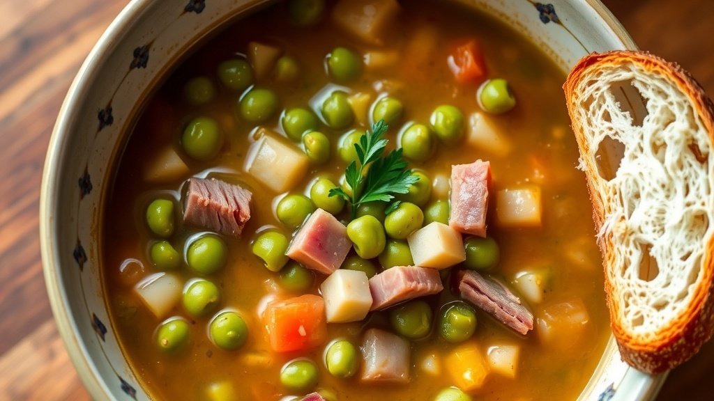 A rustic bowl of split pea soup with ham hock, garnished with parsley, alongside crusty bread on a wooden table.