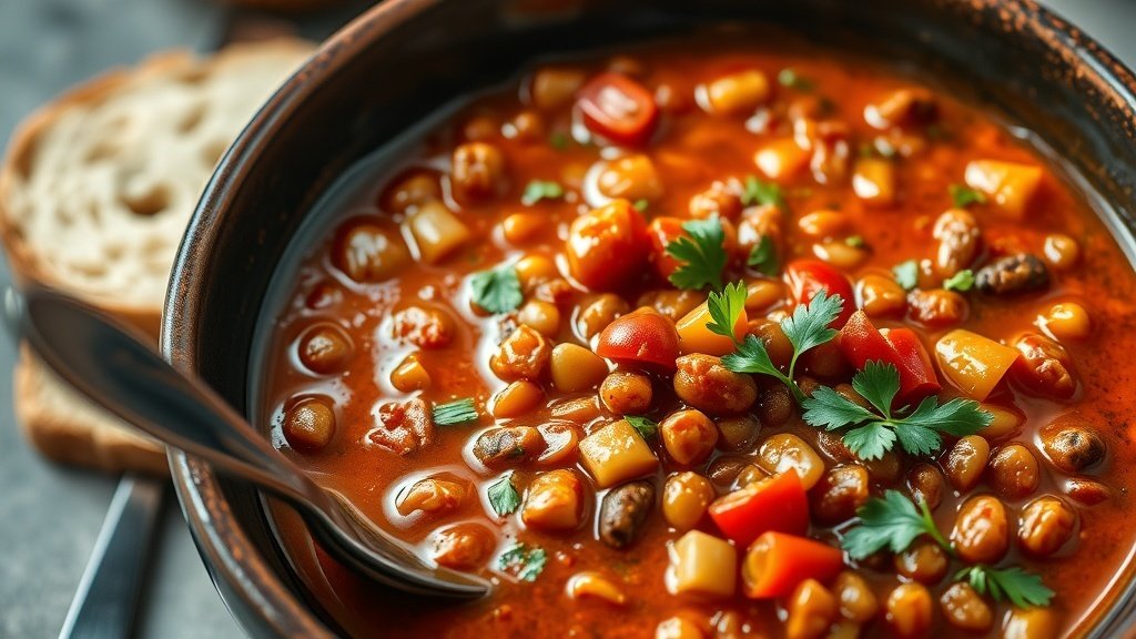 A bowl of spicy lentil and chorizo soup with vibrant colors, garnished with parsley and served with crusty bread.