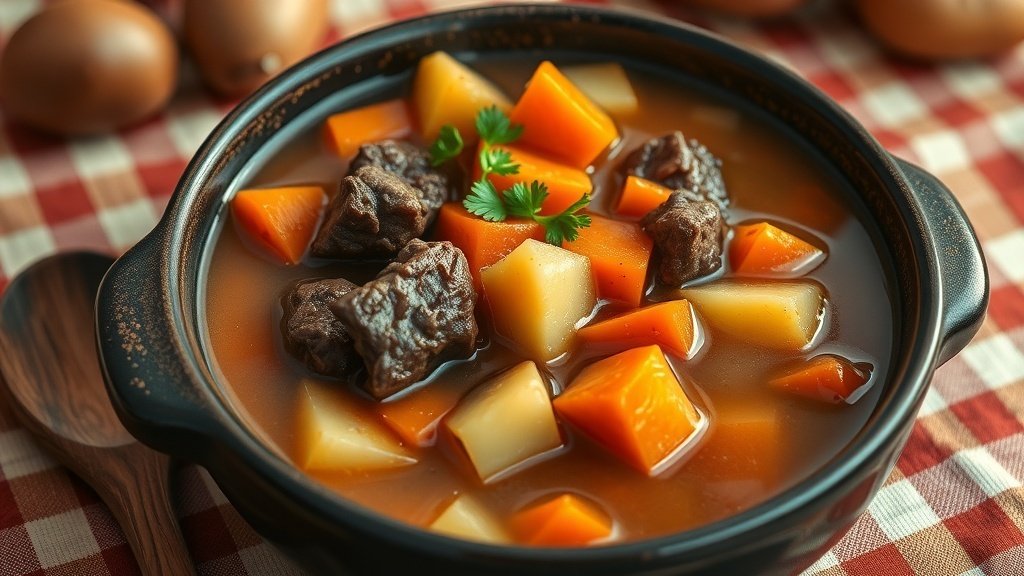 A hearty bowl of beef and carrot stew soup with vegetables, garnished with parsley, on a rustic kitchen table.