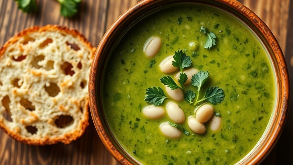 A creamy spinach and white bean soup in a rustic bowl, garnished with parsley, alongside a slice of crusty bread.