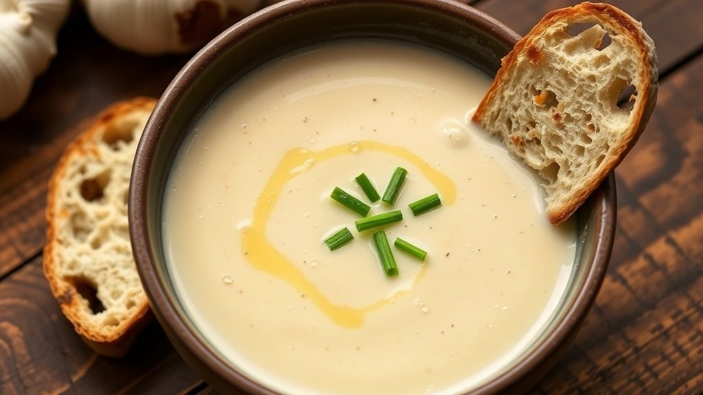A bowl of creamy roasted garlic, leek, and brie soup garnished with chives, served with crusty bread.