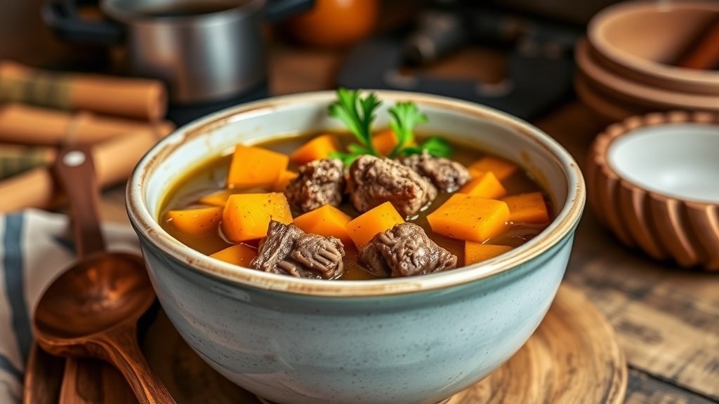A hearty bowl of rustic lamb and sweet potato soup garnished with parsley, set in a warm kitchen.
