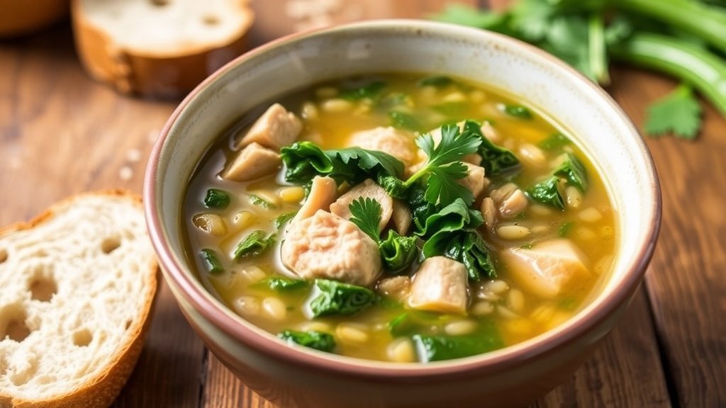A hearty bowl of turkey, kale, and barley soup with parsley garnish on a rustic table with bread.