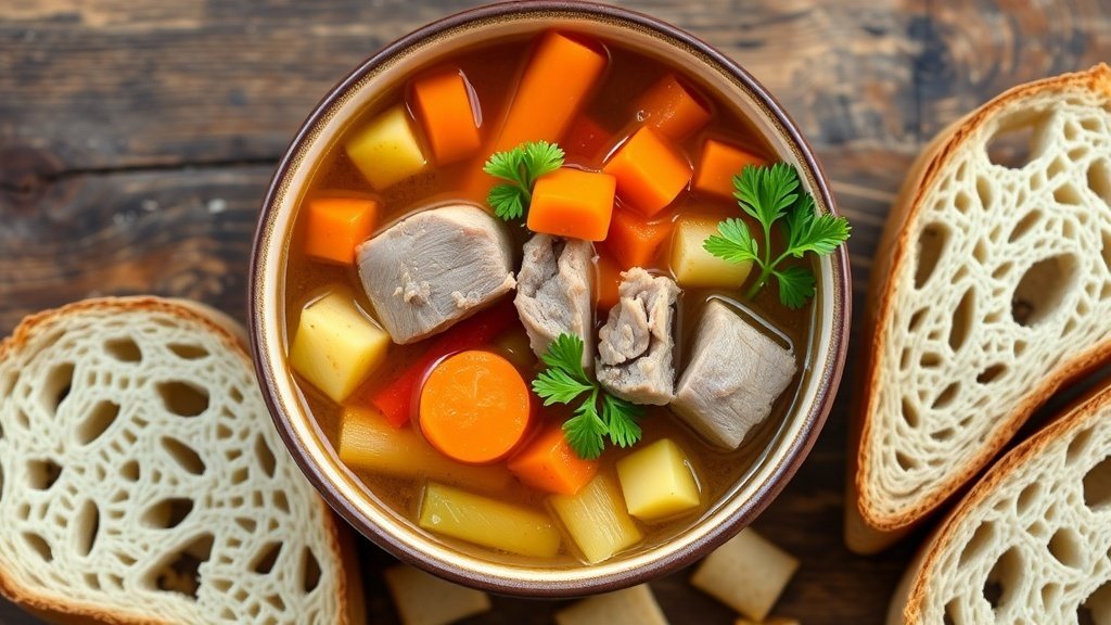 Rustic Pork and Apple Cider Soup Recipe A bowl of rustic pork and apple cider soup with carrots and celery, garnished with parsley, on a wooden table with bread.
