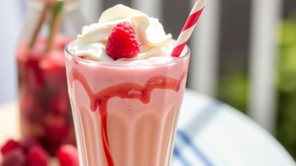 A tall glass of Raspberry Truffle Iced Coffee Shake topped with whipped cream and raspberries.