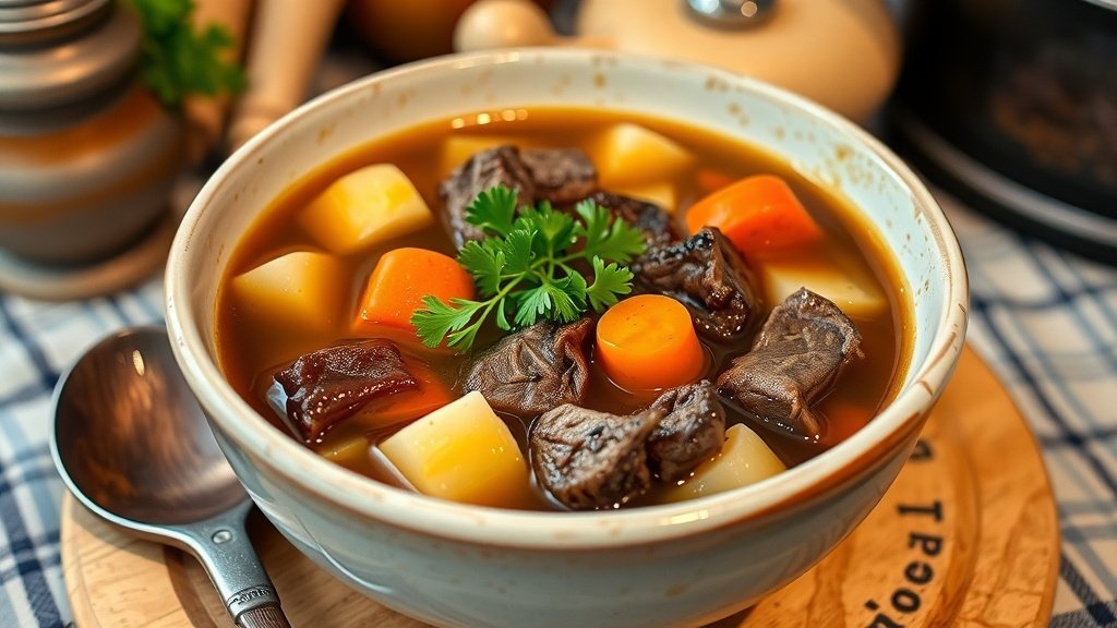 Rustic Venison, Carrot, and Parsnip Soup Recipe A hearty bowl of rustic venison soup with carrots and parsnips, garnished with parsley, in a cozy kitchen.