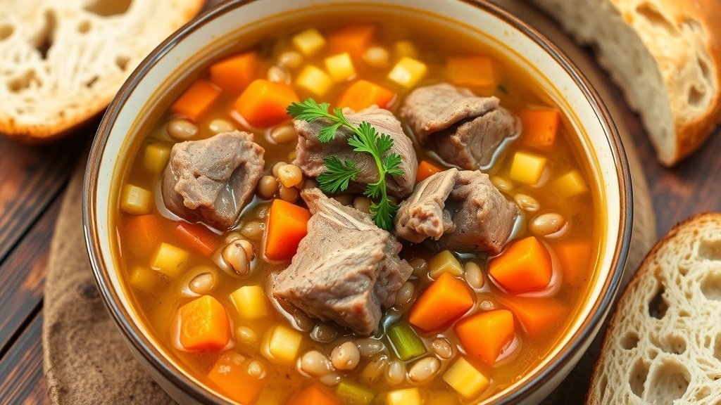 A bowl of Rustic Duck and Barley Soup with duck, barley, carrots, and parsley on a wooden table with bread.