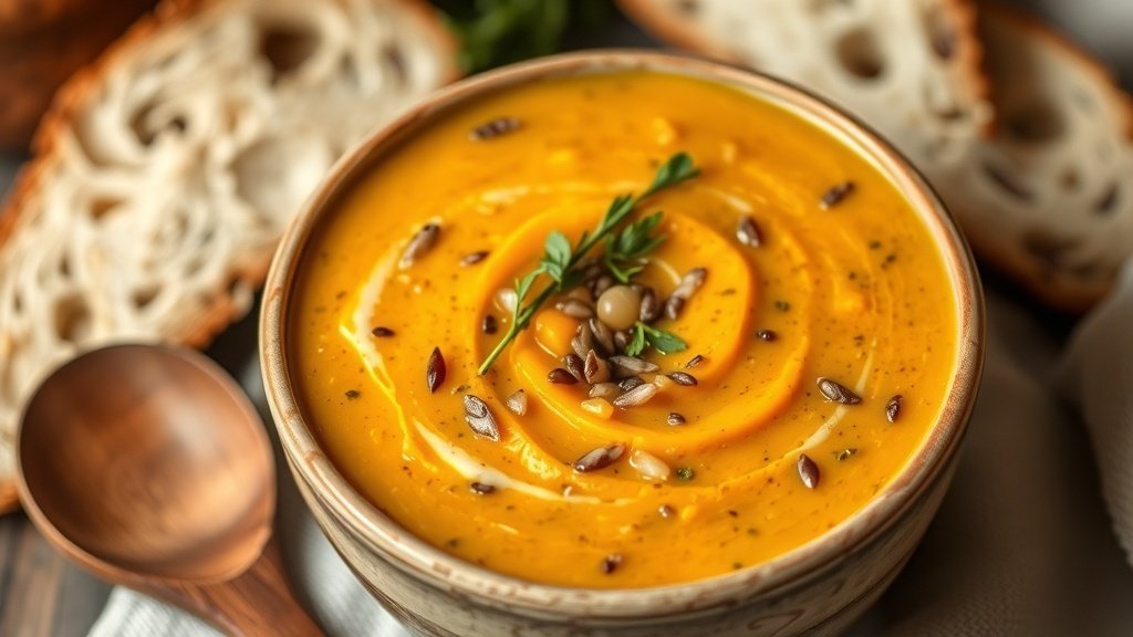 A bowl of creamy wild rice and butternut squash soup garnished with herbs, with bread on the side.