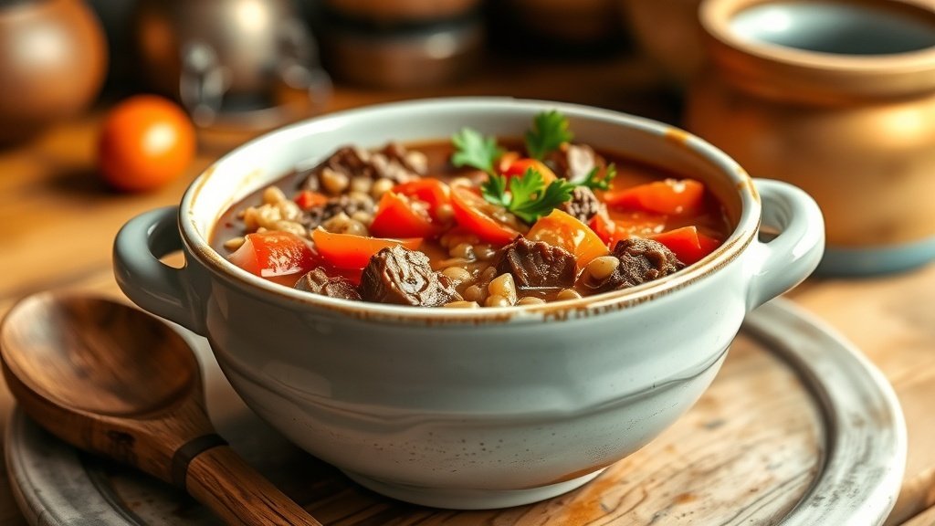 A hearty bowl of beef, tomato, and barley soup garnished with parsley, set in a cozy kitchen.
