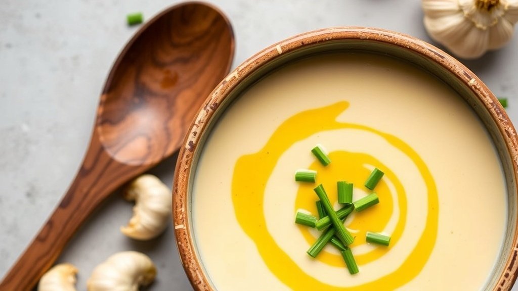 A bowl of creamy roasted garlic and cauliflower soup garnished with chives, with roasted garlic cloves on the side.