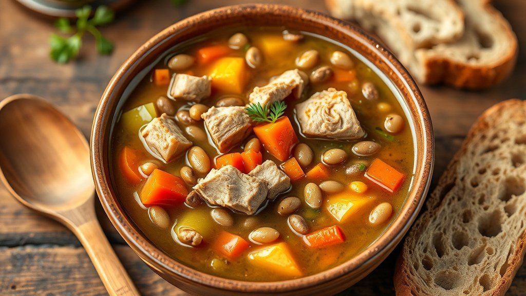 A hearty bowl of rustic pork and lentil soup with vegetables, garnished with parsley, on a wooden table with bread.