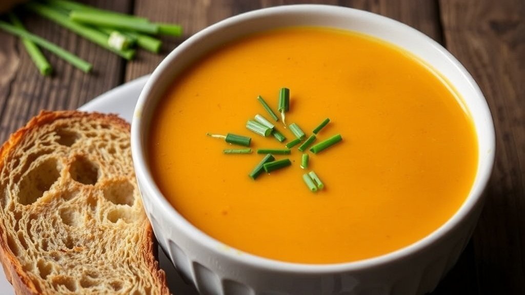 A bowl of creamy carrot and white cheddar soup garnished with chives, served with crusty bread on a rustic table.
