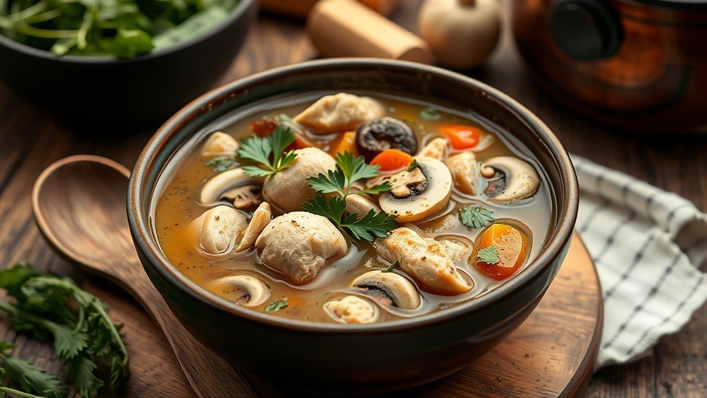 A hearty bowl of chicken, mushroom, and herb soup with vegetables, garnished with parsley, on a rustic kitchen table.