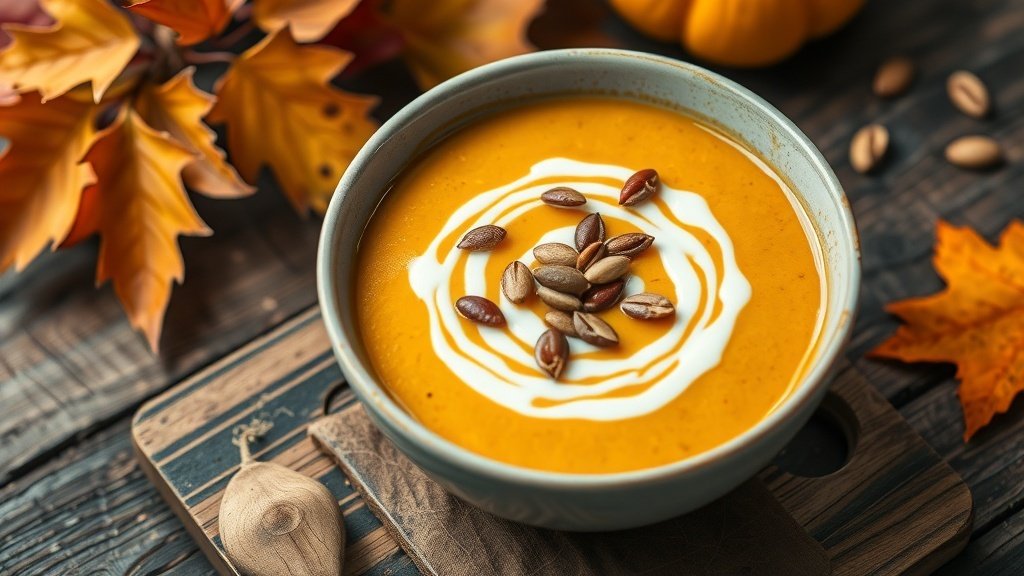 A bowl of creamy acorn squash soup with pumpkin seeds on a wooden table, surrounded by autumn leaves.