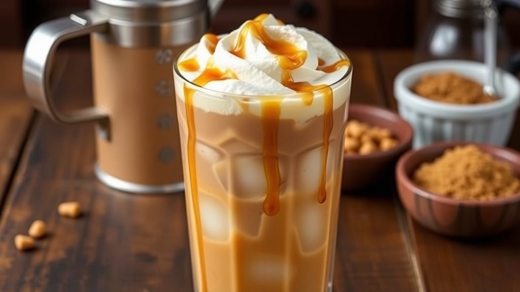 A glass of iced coffee latte with whipped cream and maple syrup, on a wooden table.