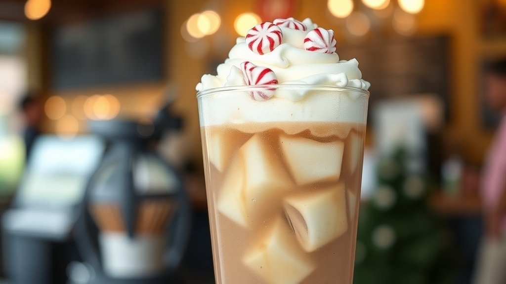 A glass of White Chocolate Peppermint Iced Coffee with whipped cream and crushed peppermint candies, set in a cozy coffee shop.
