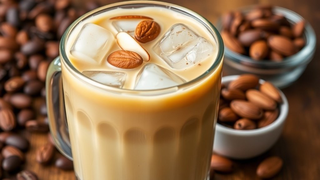 A glass of almond vanilla bean iced coffee with ice and almond slices, surrounded by coffee beans and almonds.