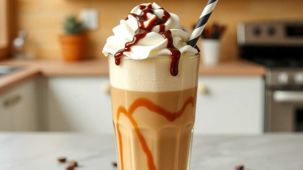 A glass of Peanut Butter Fudge Iced Coffee with whipped cream and fudge drizzle, served over ice.