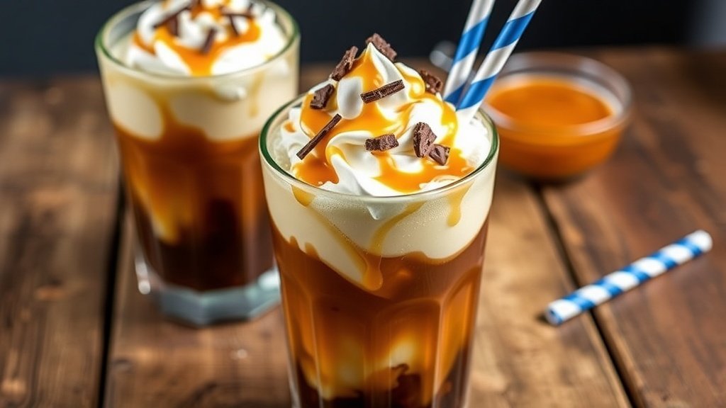 A glass of Caramel Fudge Iced Coffee topped with whipped cream and caramel drizzle, served with ice.