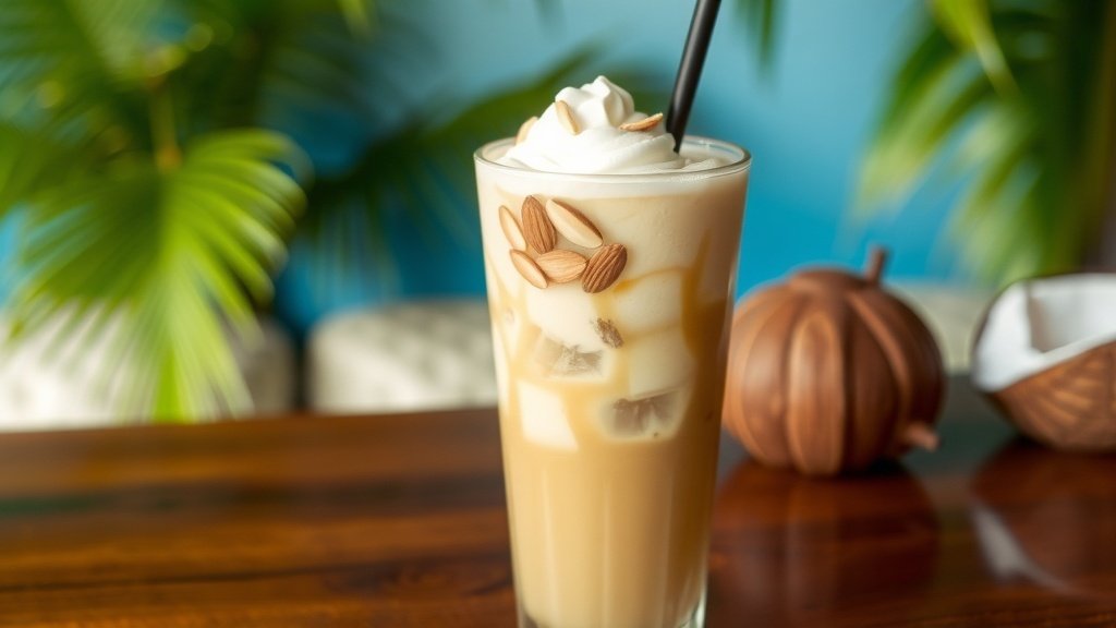 A glass of iced coffee with almond and coconut cream, garnished with almonds and coconut flakes.