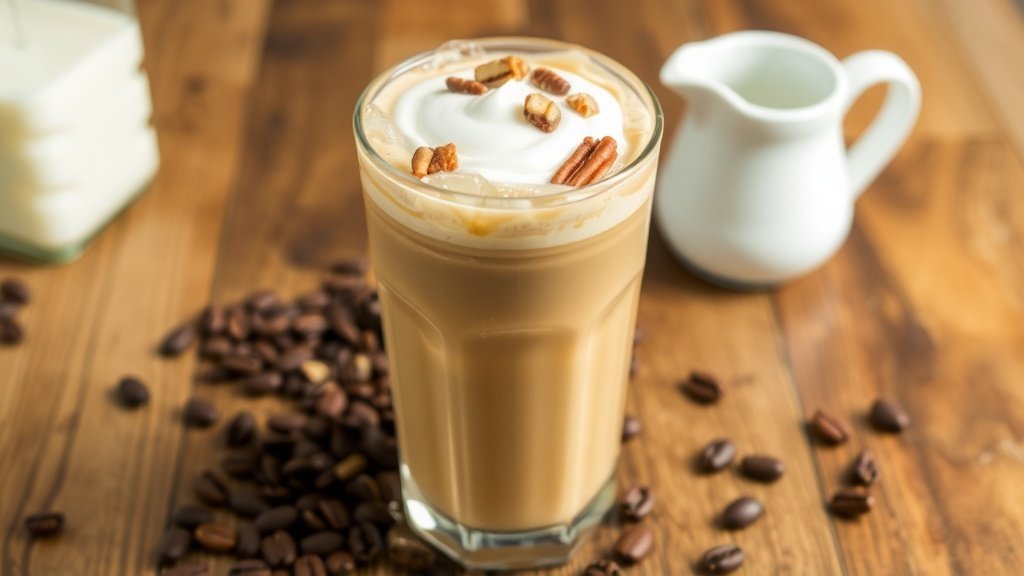 A glass of iced coffee latte with brown sugar and pecans, garnished with cream and pecans, on a rustic table.