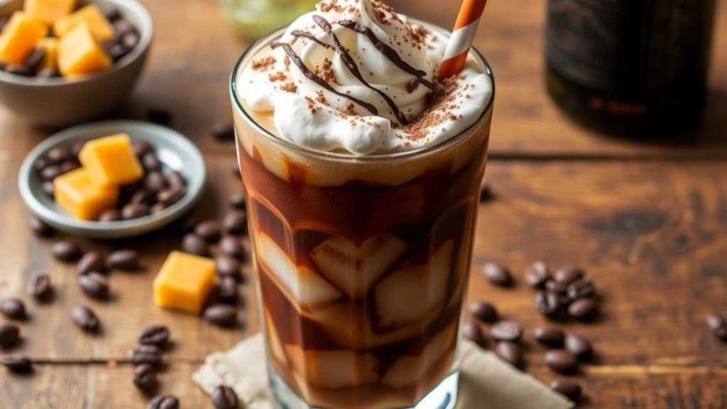 A glass of iced coffee topped with whipped cream and honeycomb, on a wooden table with coffee beans.