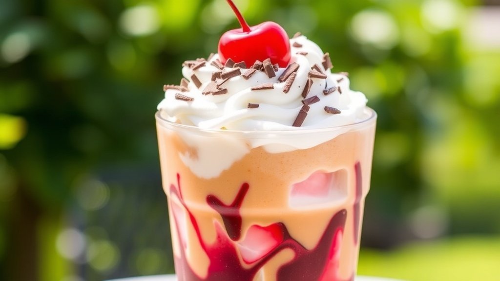 Mocha Cherry Swirl Iced Coffee in a glass with whipped cream, chocolate shavings, and a cherry, served with ice.