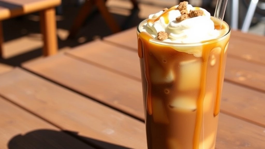 A glass of iced coffee with whipped cream and toffee bits, served outdoors on a sunny day.